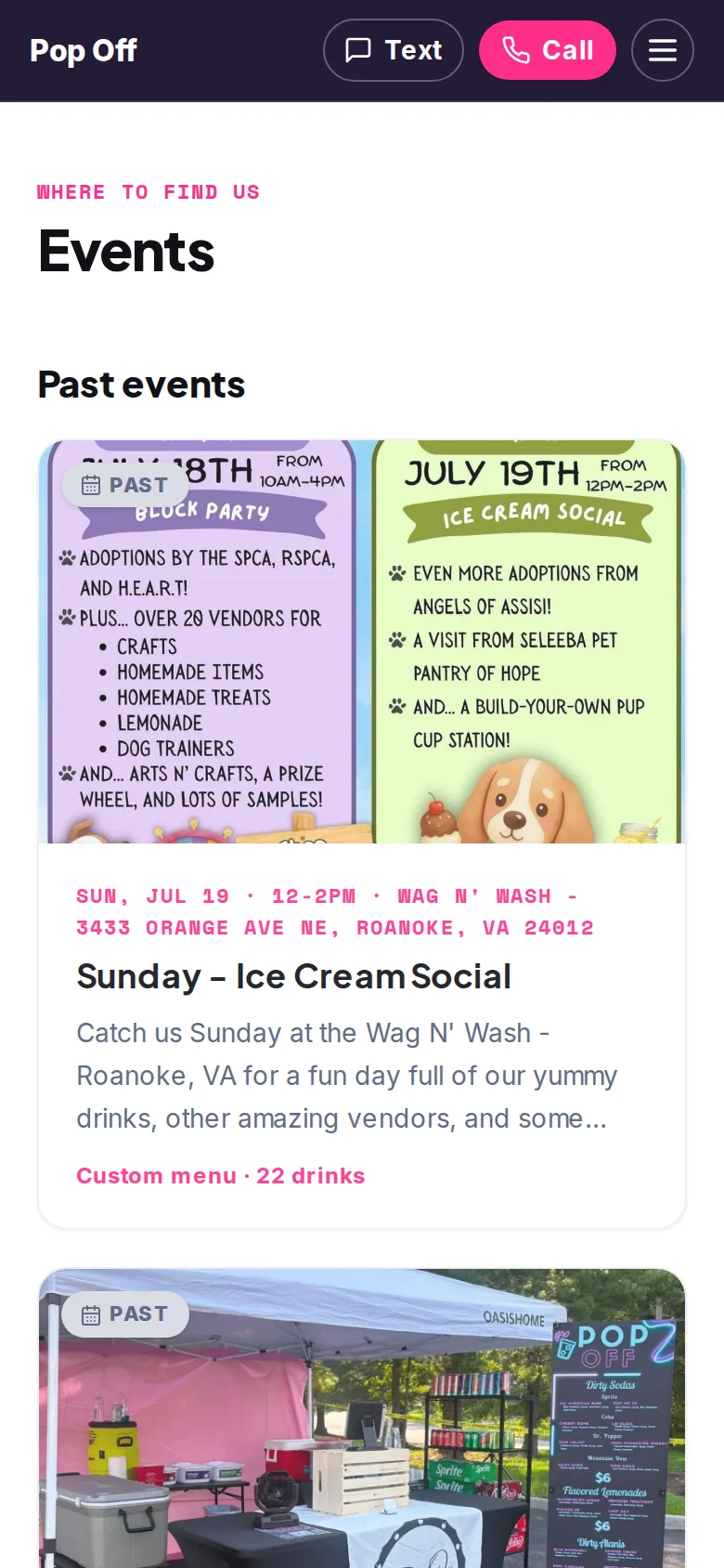 Event pages, each with its own menu, shown on a phone