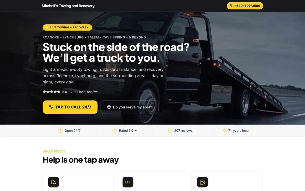 Website built for Mitchell’s Towing & Recovery