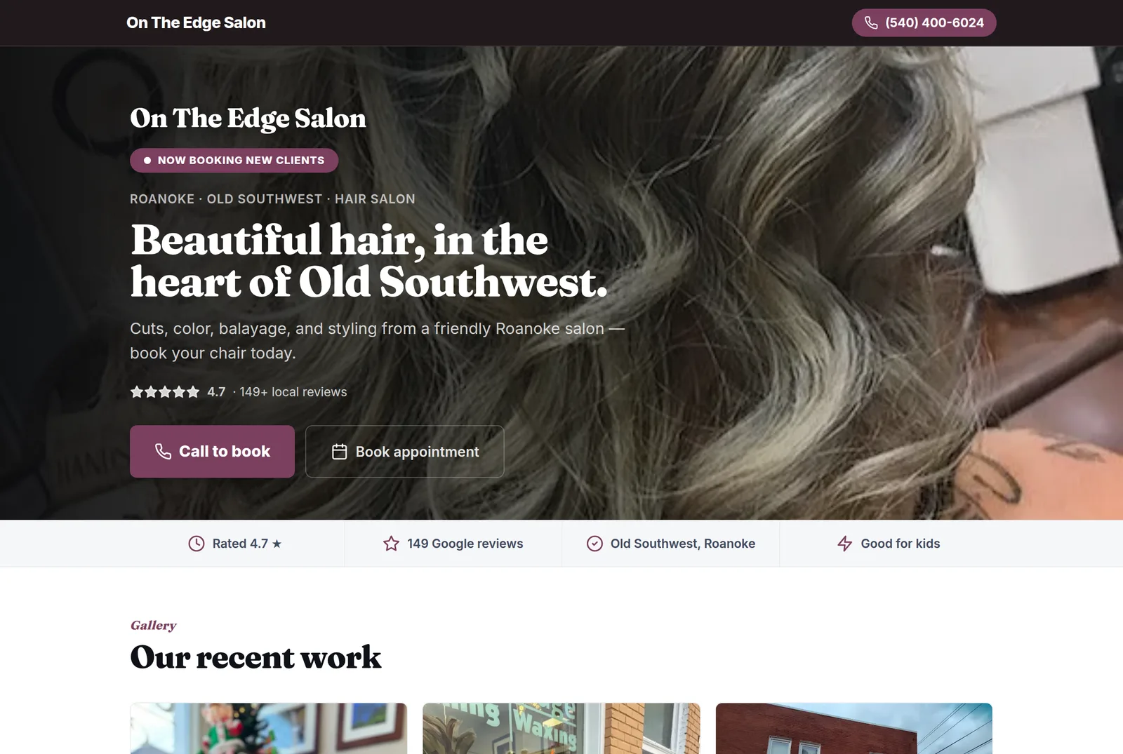Website built for On The Edge Salon